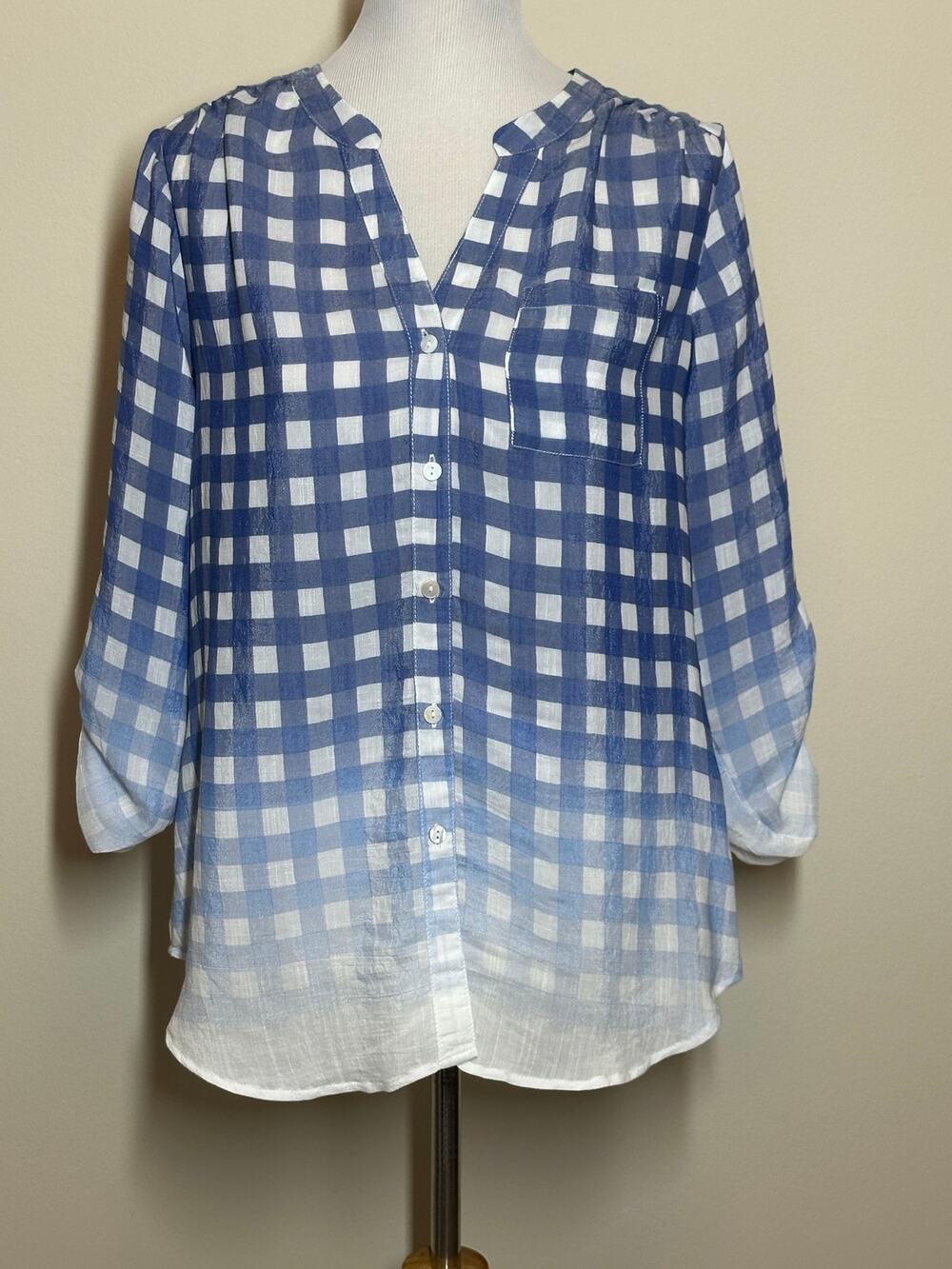 Good Days Only Blue and White Checkered Button Down Ombre Blouse Sz M NWT